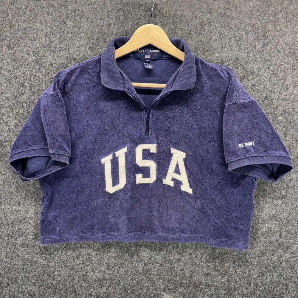 Vintage Polo Ralph Lauren Sport USA 1/4 Zip Terry Cloth Crop Blue Short Sleeve